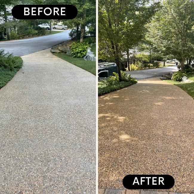 A before and after photo of a driveway