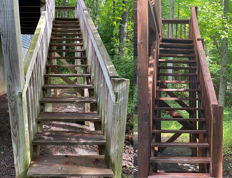 A before and after photo of a wooden deck staircase.