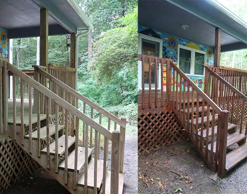A before and after picture of a wooden deck with stairs.