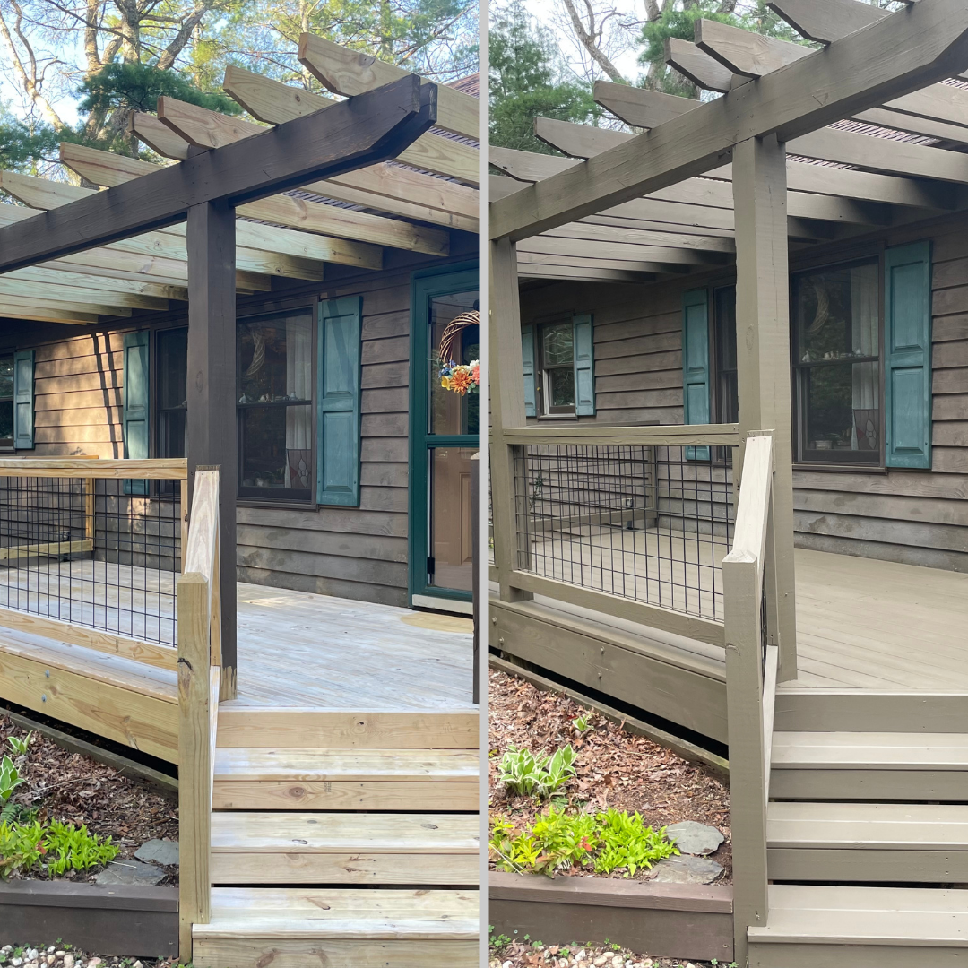 A before and after photo of a wooden deck with a pergola.