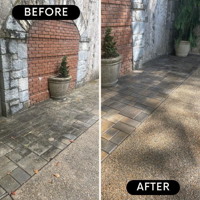 A before and after photo of a brick walkway
