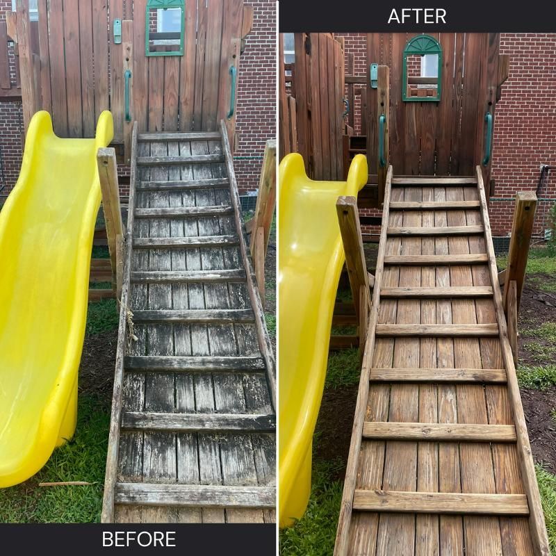 A before and after photo of a slide and stairs