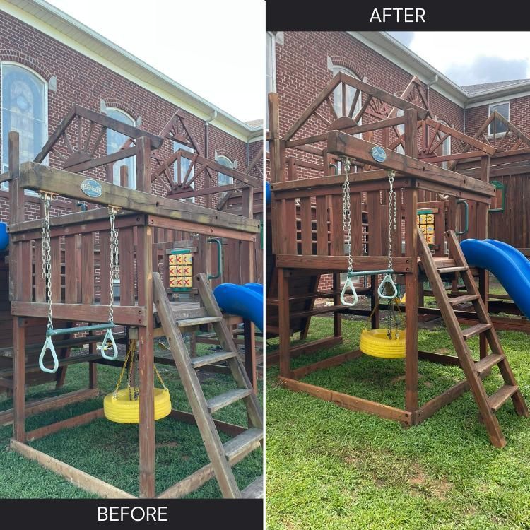 A before and after photo of a wooden playground.