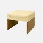 Beige upholstered ottoman with wooden base.
