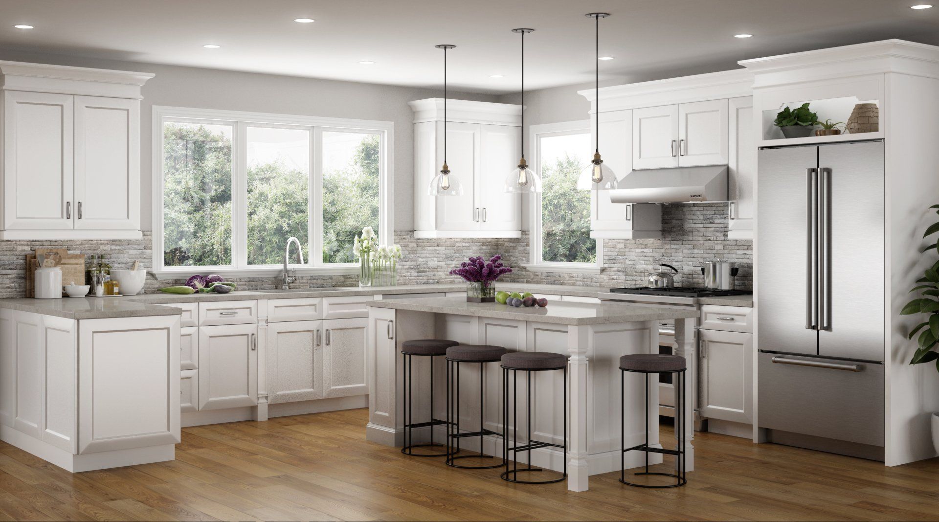 A kitchen with white cabinets , stainless steel appliances , and a large island.