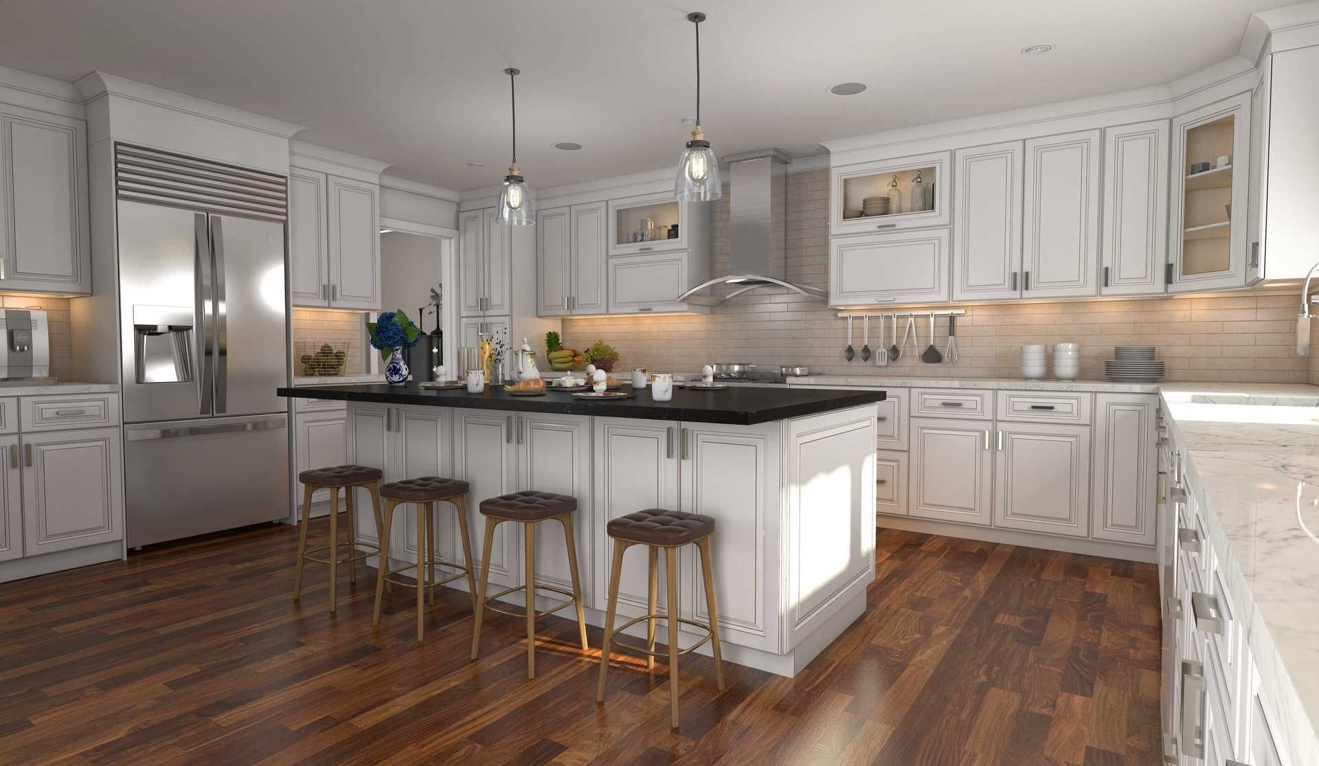 A kitchen with white cabinets , hardwood floors , stainless steel appliances and a large island.