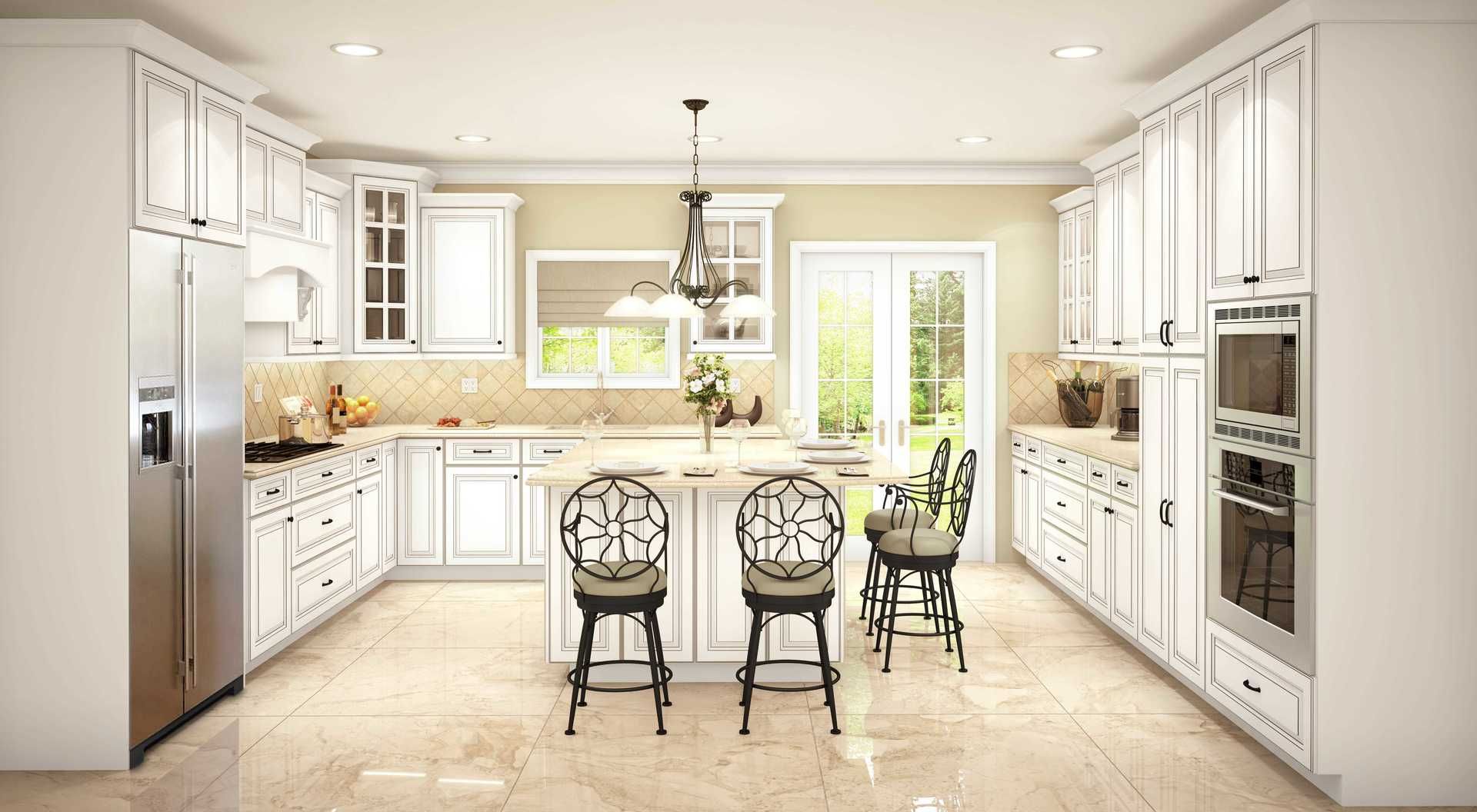 A kitchen with white cabinets and stainless steel appliances and a large island.