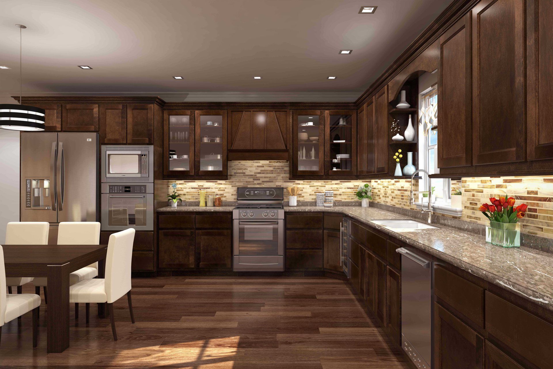 A kitchen with wooden cabinets , granite counter tops , stainless steel appliances , a table and chairs.
