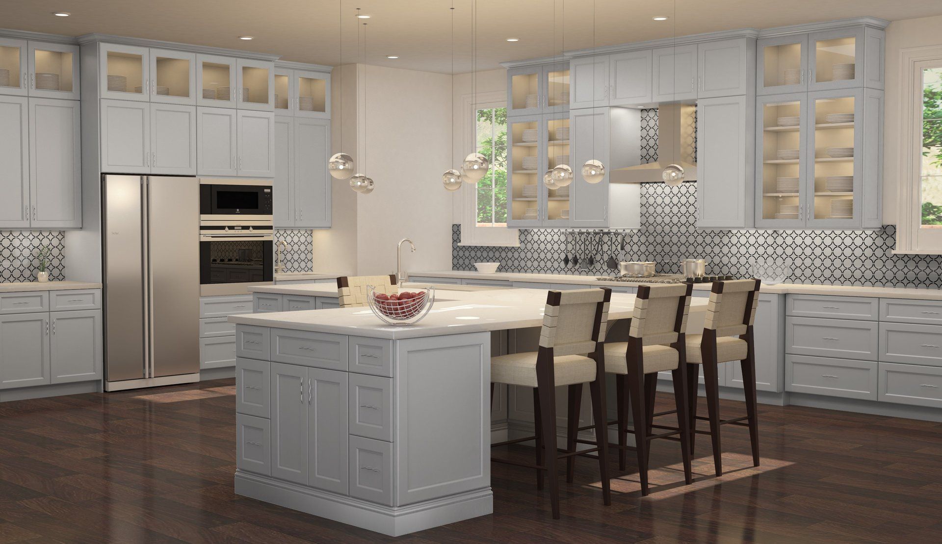 A kitchen with white cabinets and stainless steel appliances and a large island.