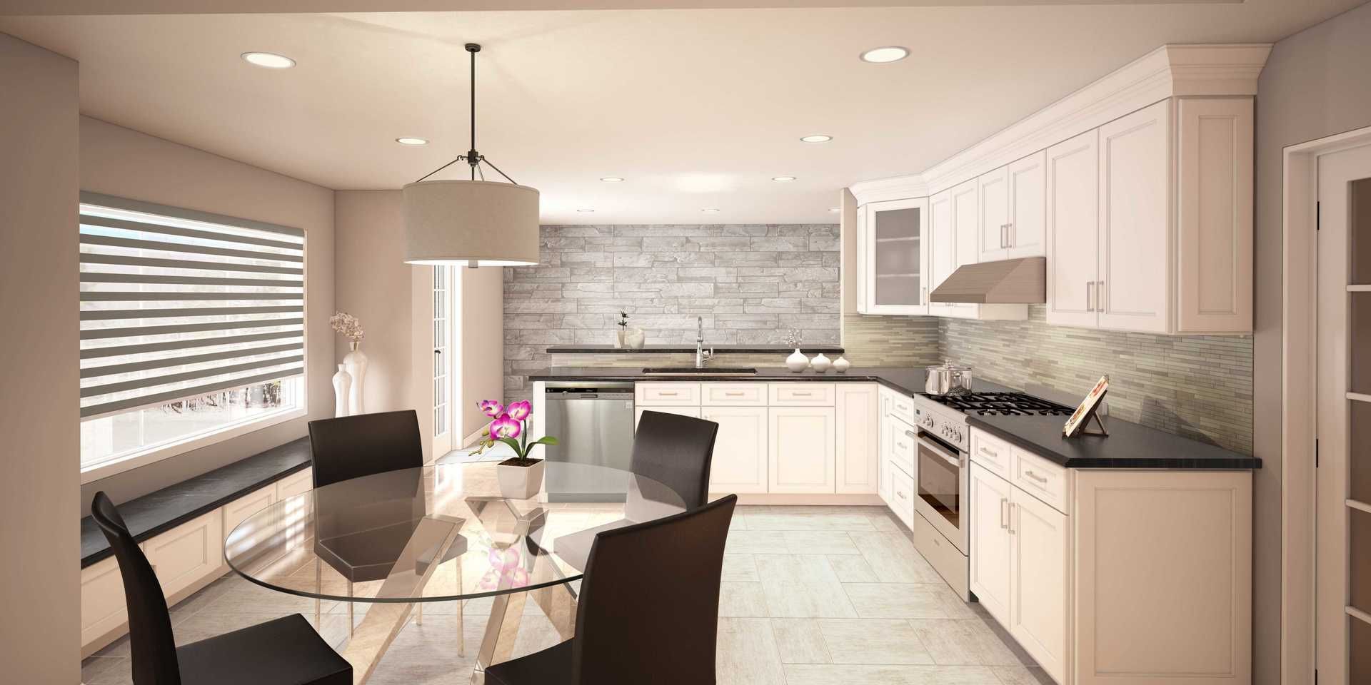An artist 's impression of a kitchen with a dining table and chairs.