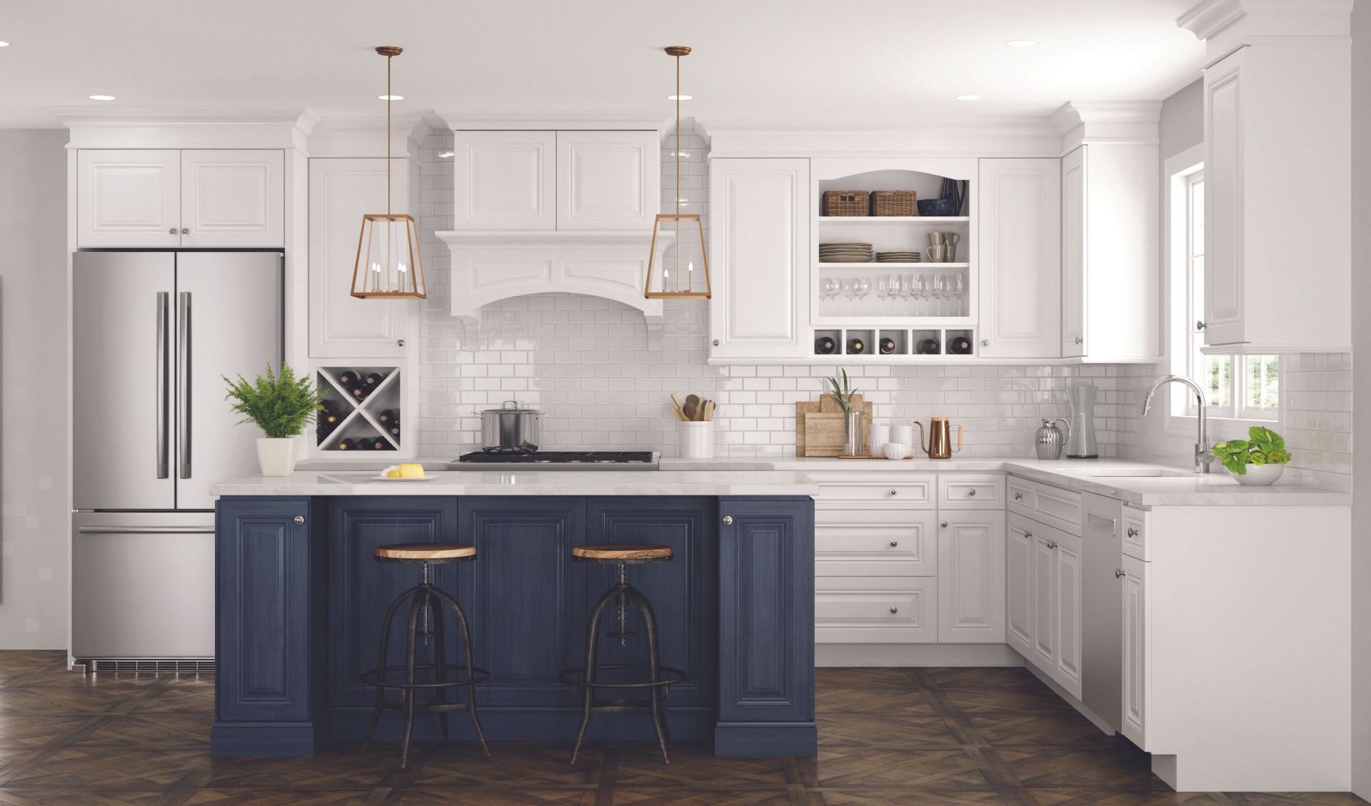 A kitchen with white cabinets and a blue island.