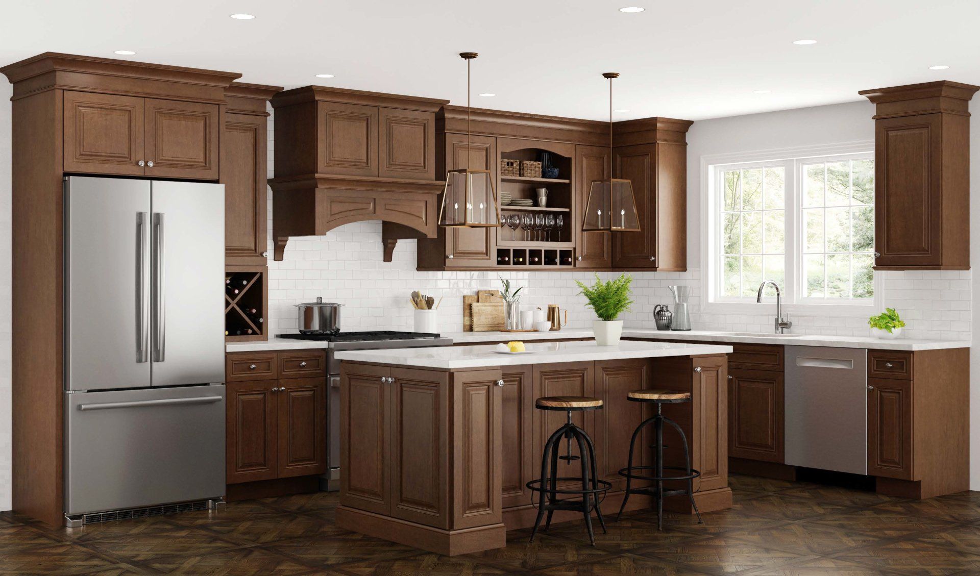 A kitchen with wooden cabinets , stainless steel appliances , and a large island.