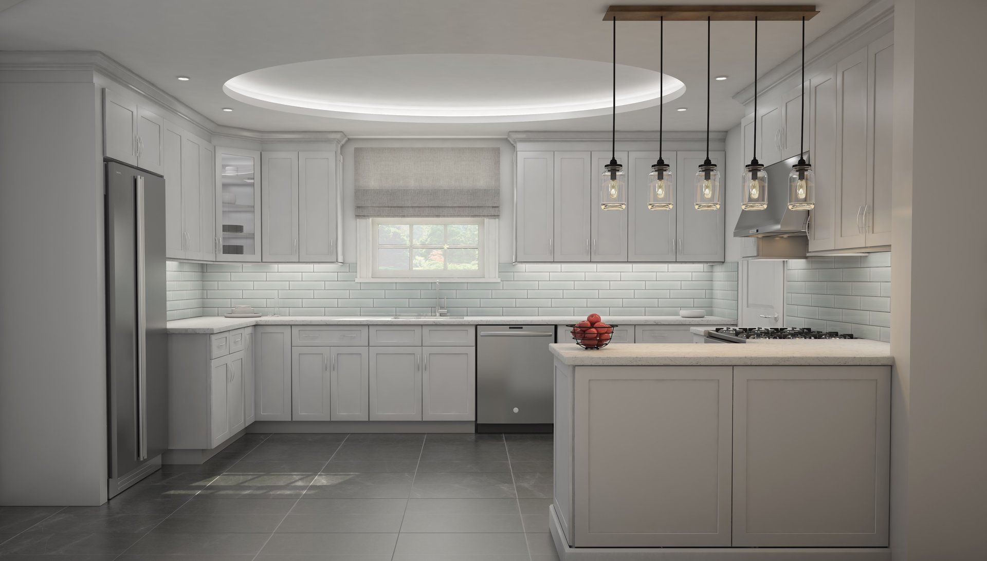 A kitchen with white cabinets and stainless steel appliances.