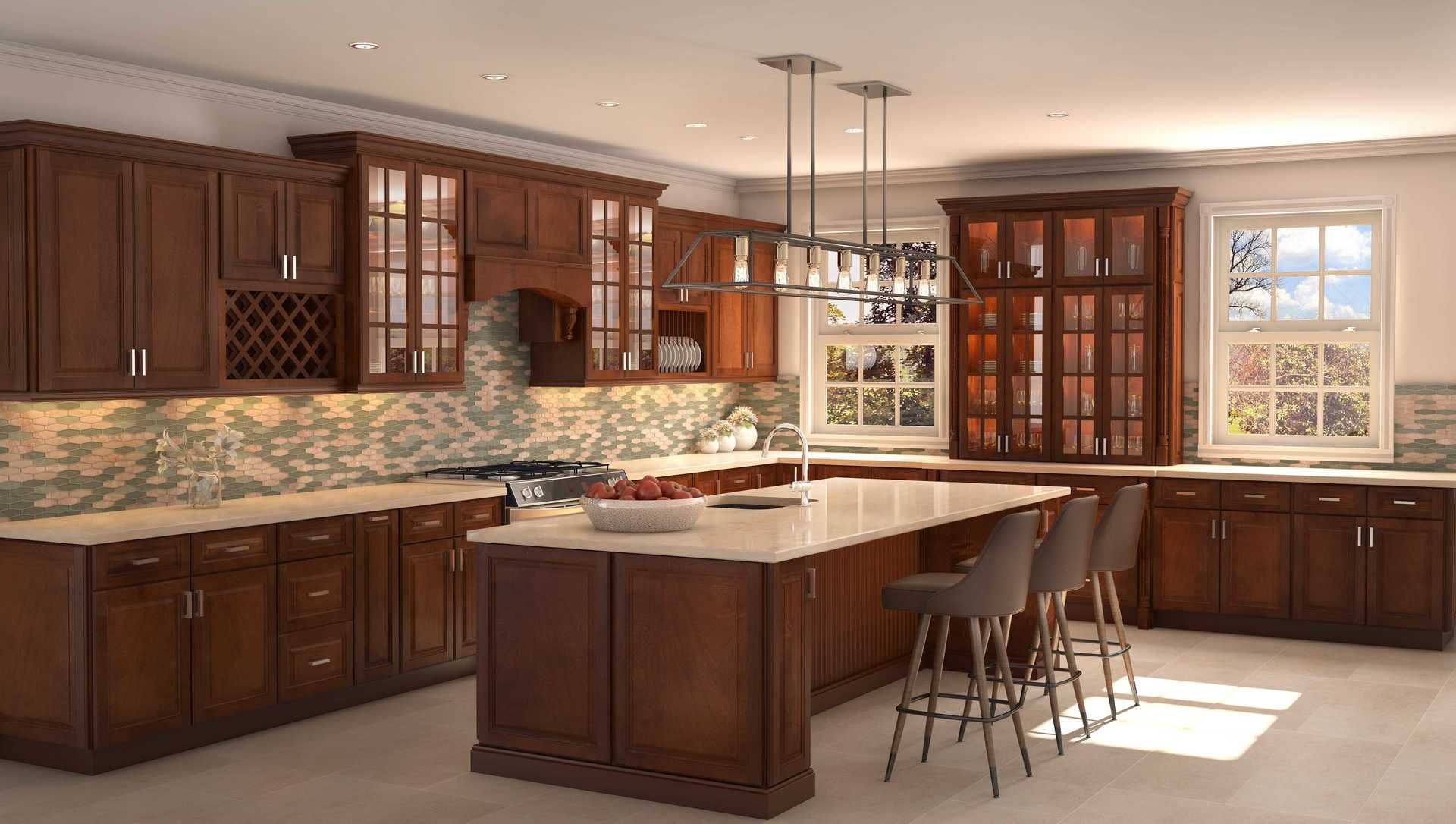 A kitchen with wooden cabinets and a large island in the middle.