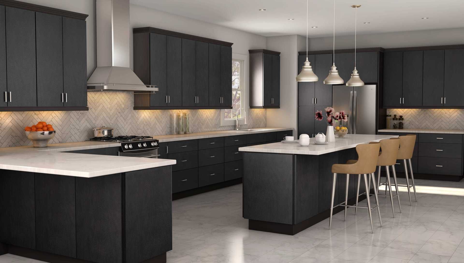 A kitchen with black cabinets and white counter tops
