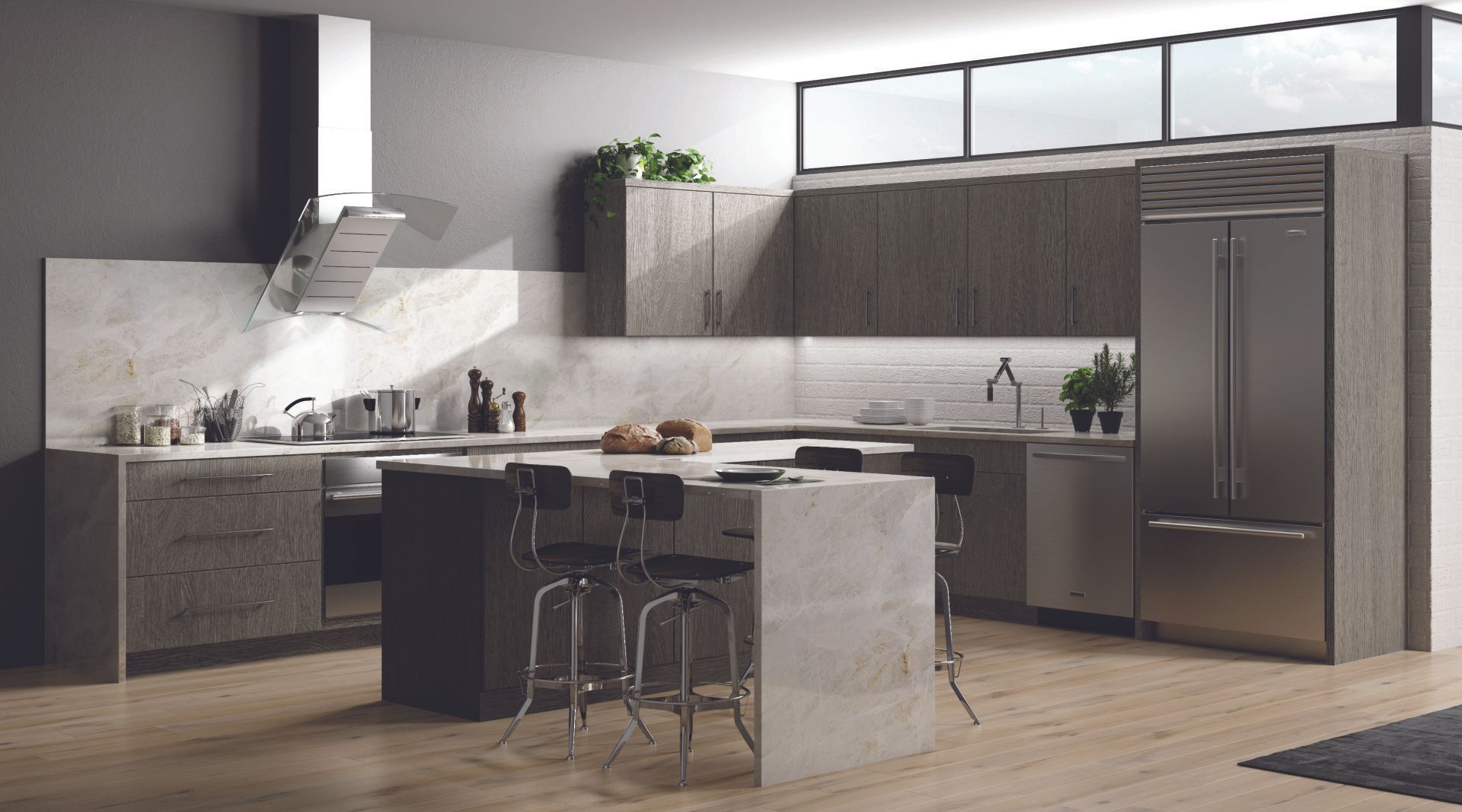 A kitchen with stainless steel appliances , wooden cabinets , and a large island.