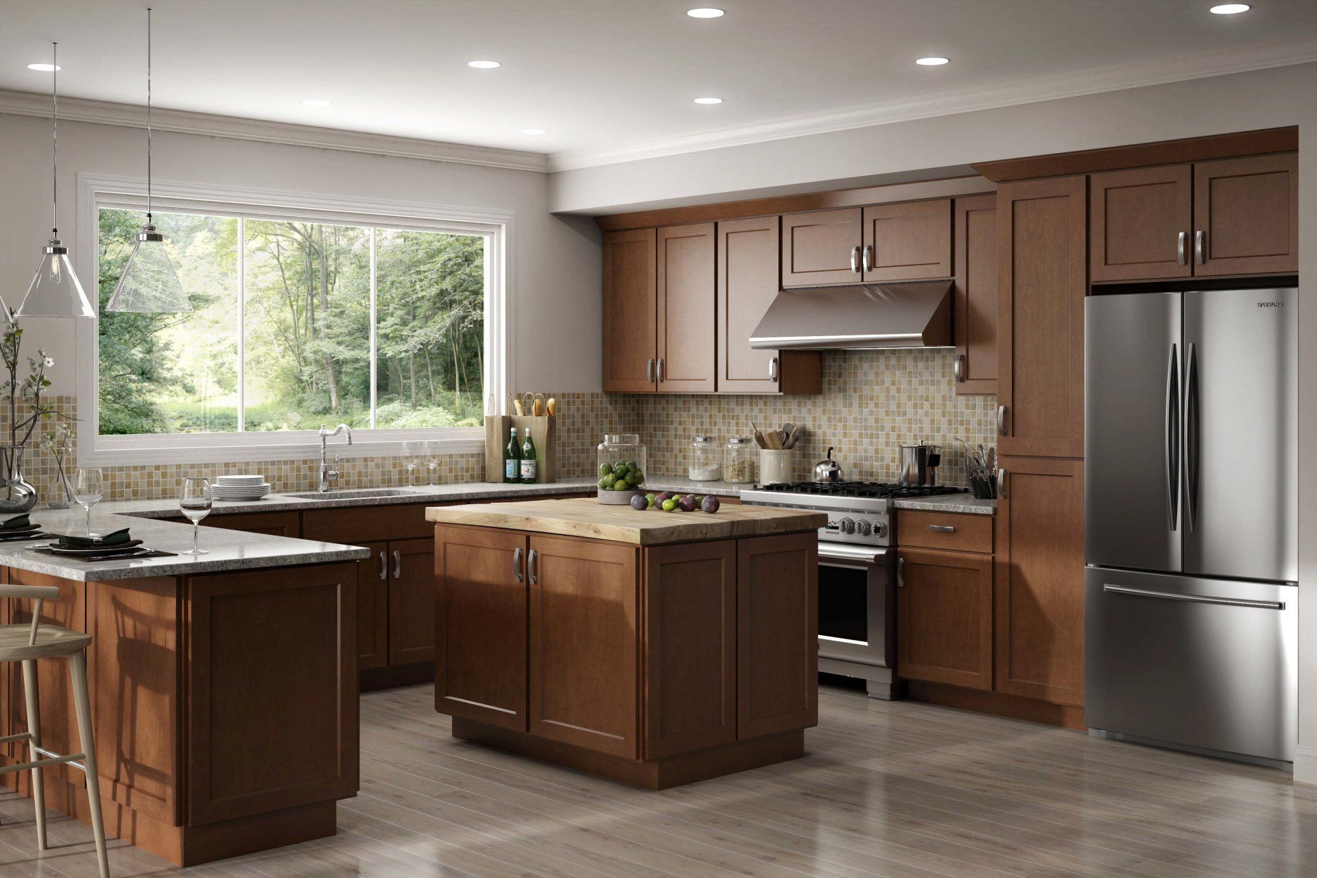 A kitchen with wooden cabinets , stainless steel appliances , and a large island.