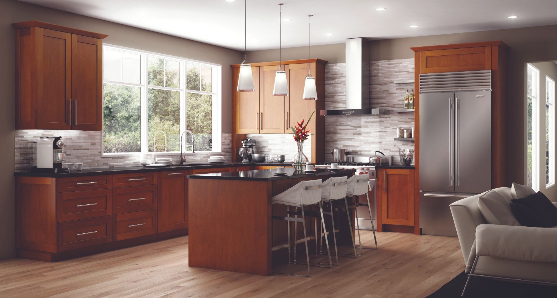 A kitchen with wooden cabinets , stainless steel appliances and a large island.