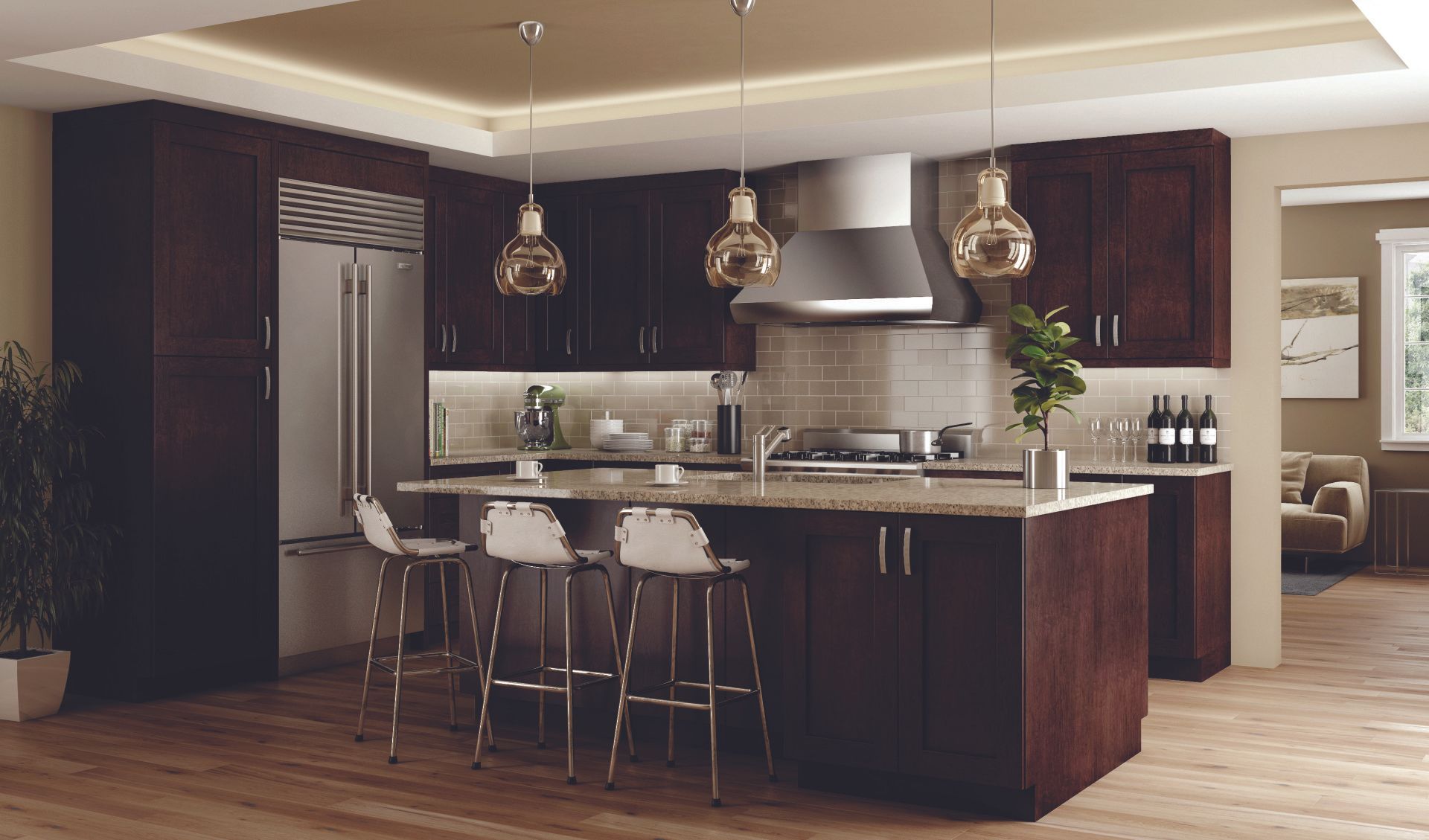 A kitchen with stainless steel appliances and wooden cabinets