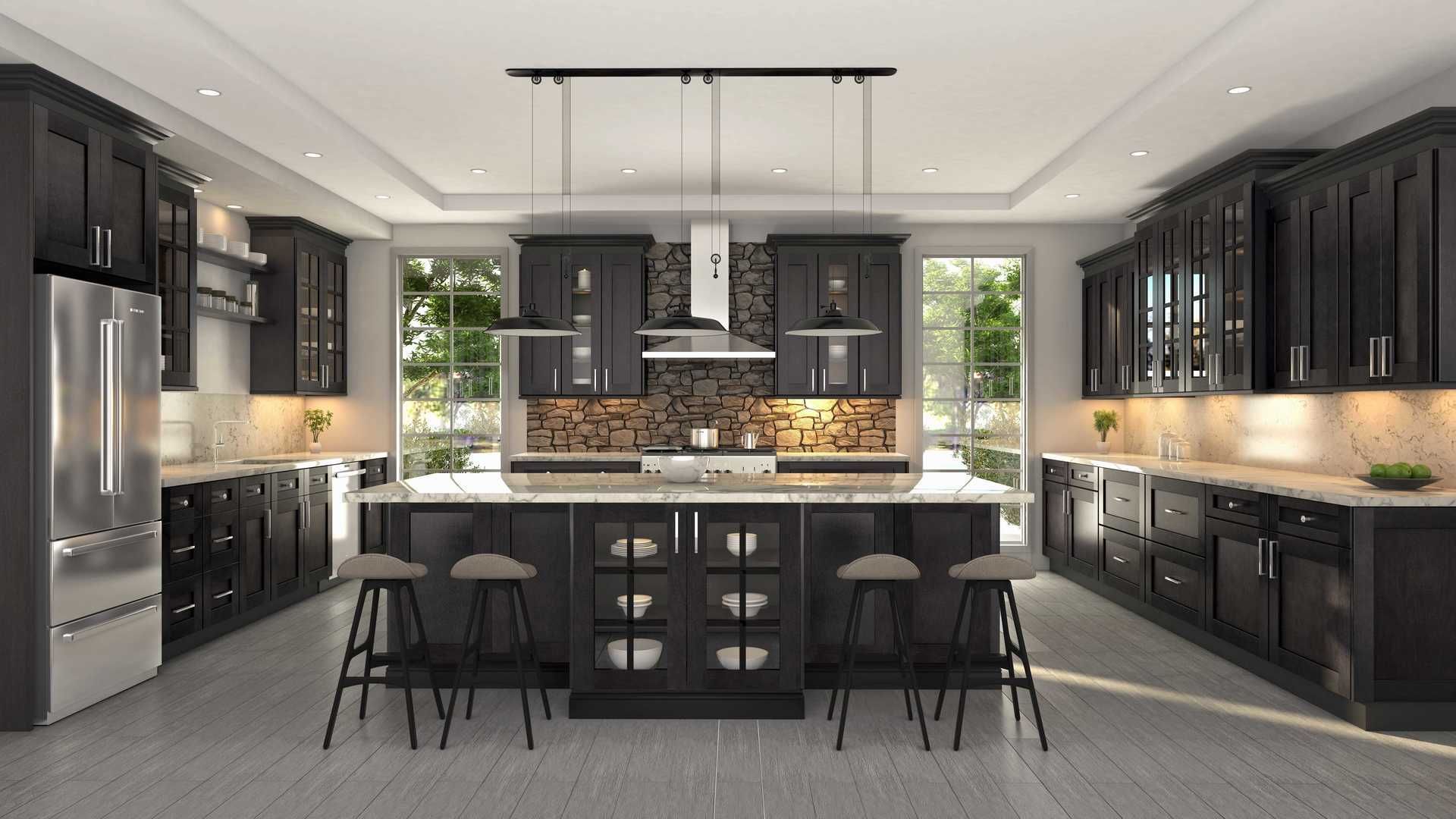 A kitchen with black cabinets , stainless steel appliances , and a large island.