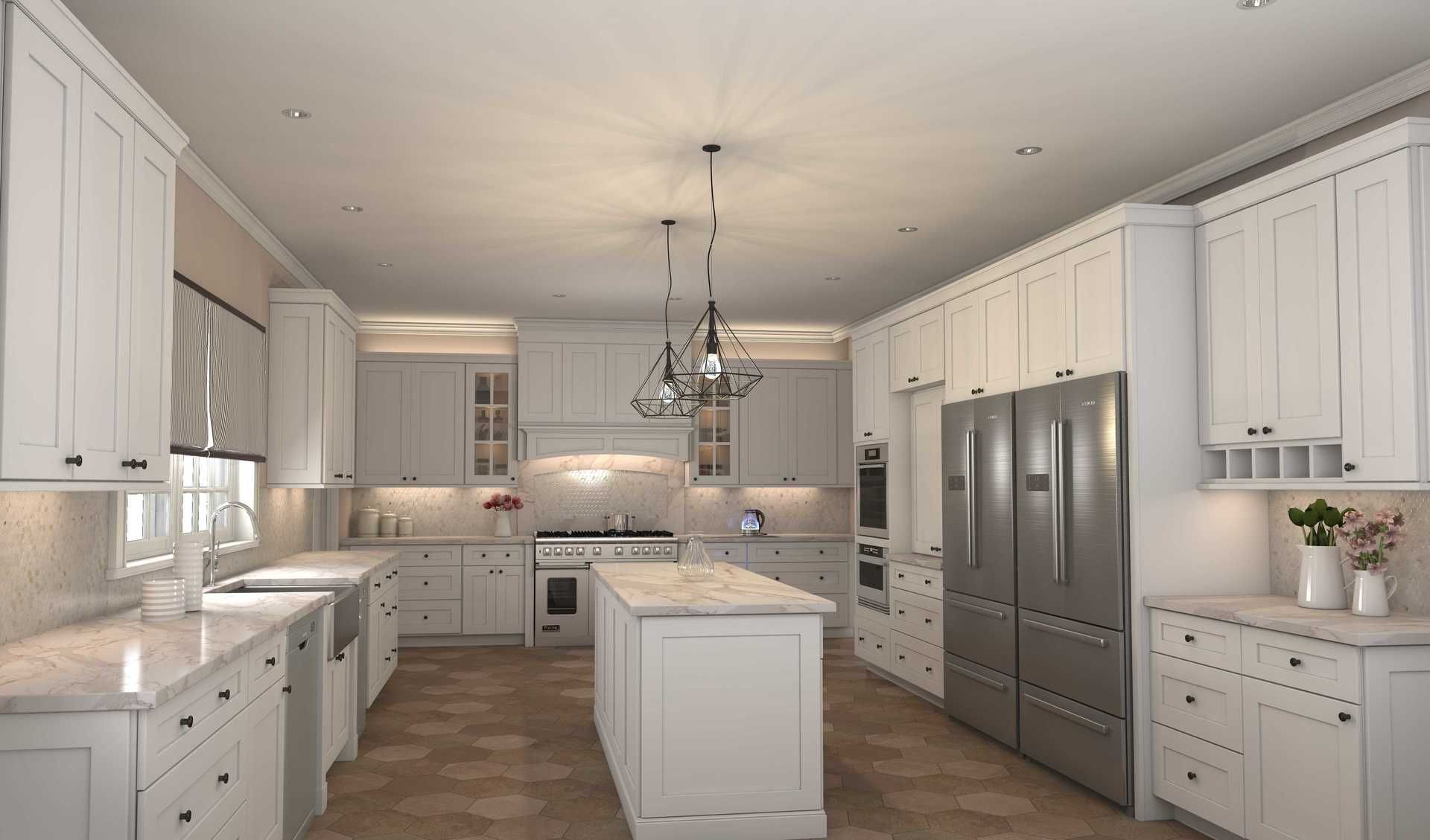 A large kitchen with white cabinets and stainless steel appliances.