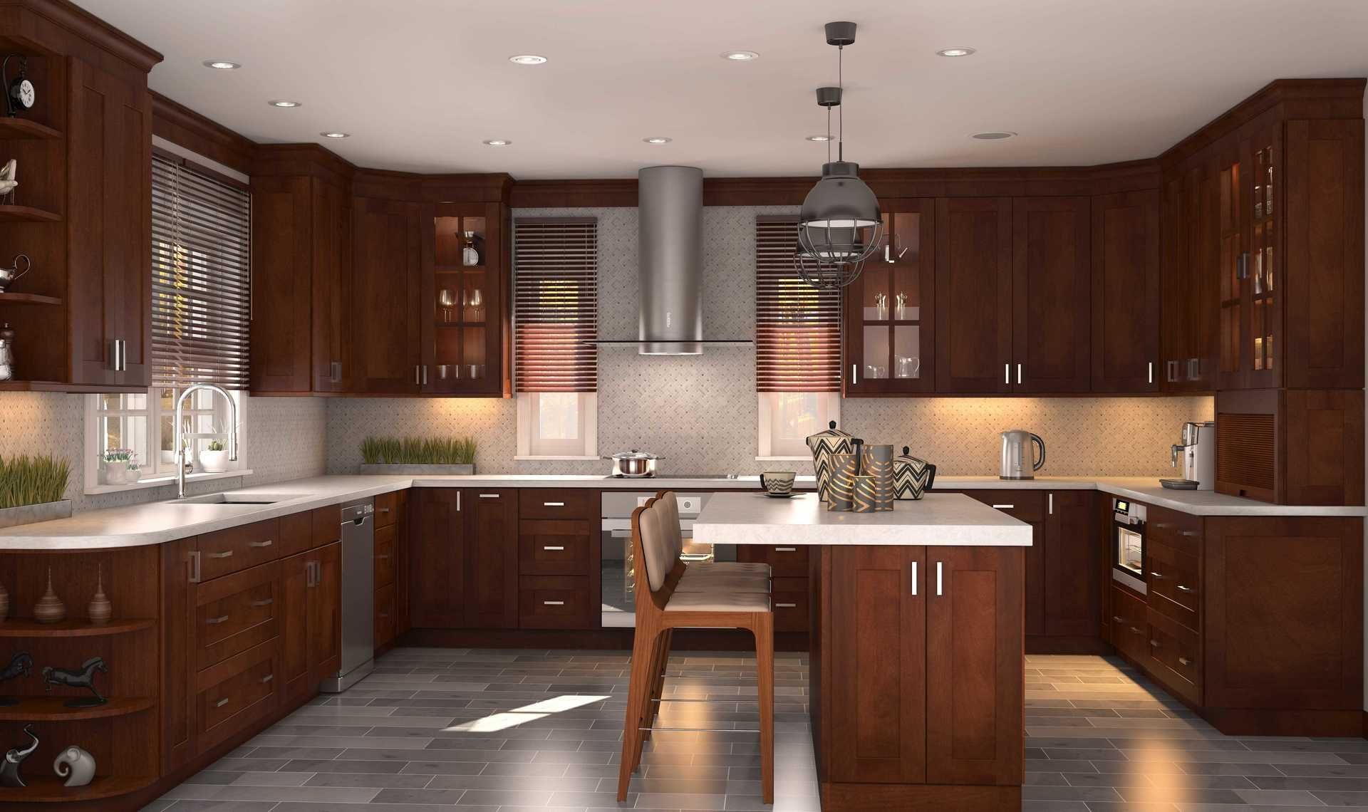 A kitchen with wooden cabinets and stainless steel appliances.