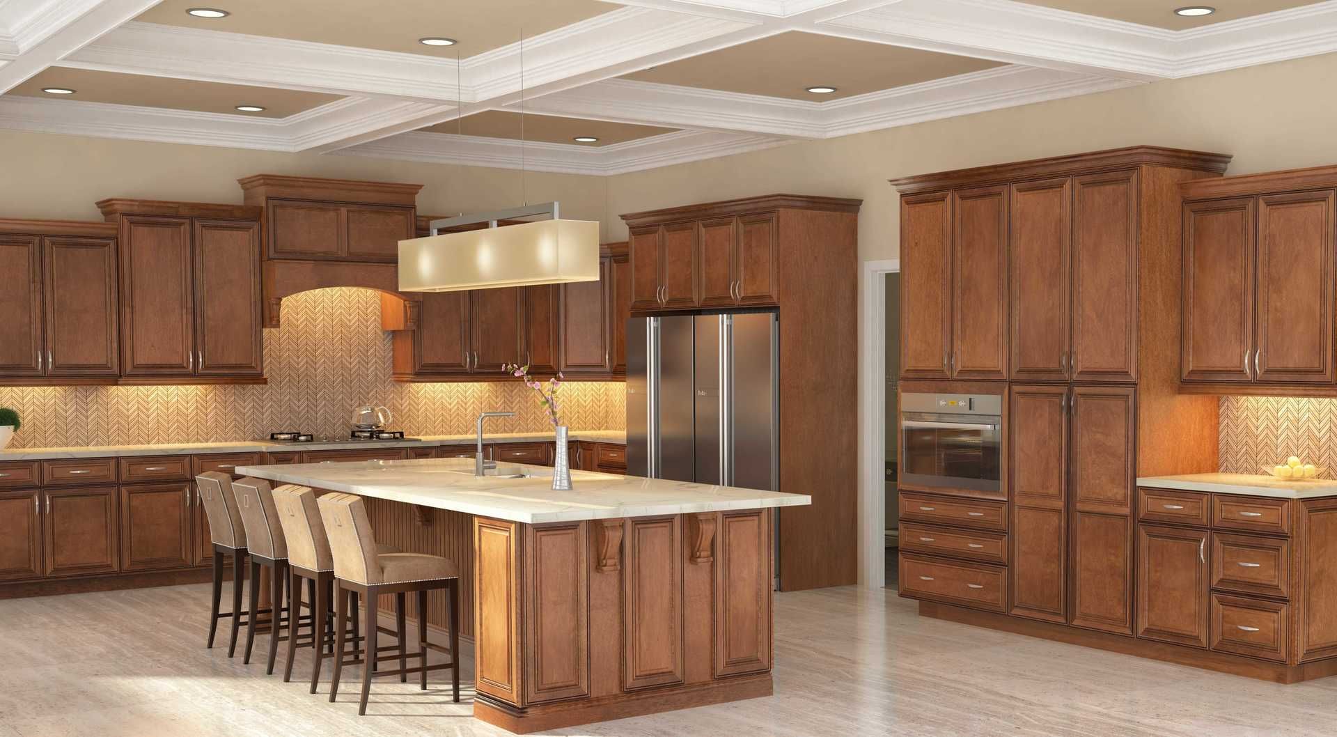 A kitchen with wooden cabinets and stainless steel appliances