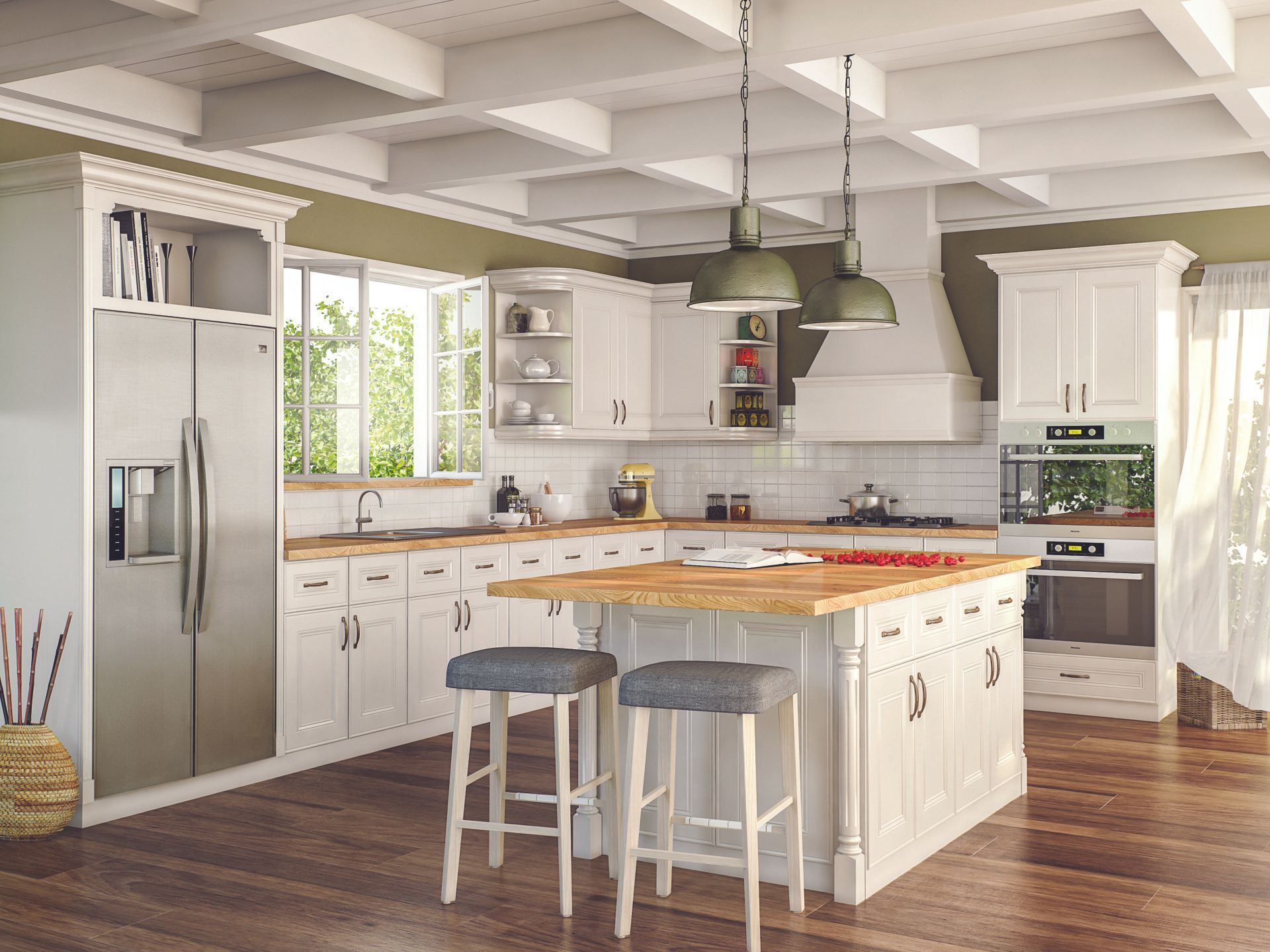 A kitchen with white cabinets , stainless steel appliances , and a large island with stools.
