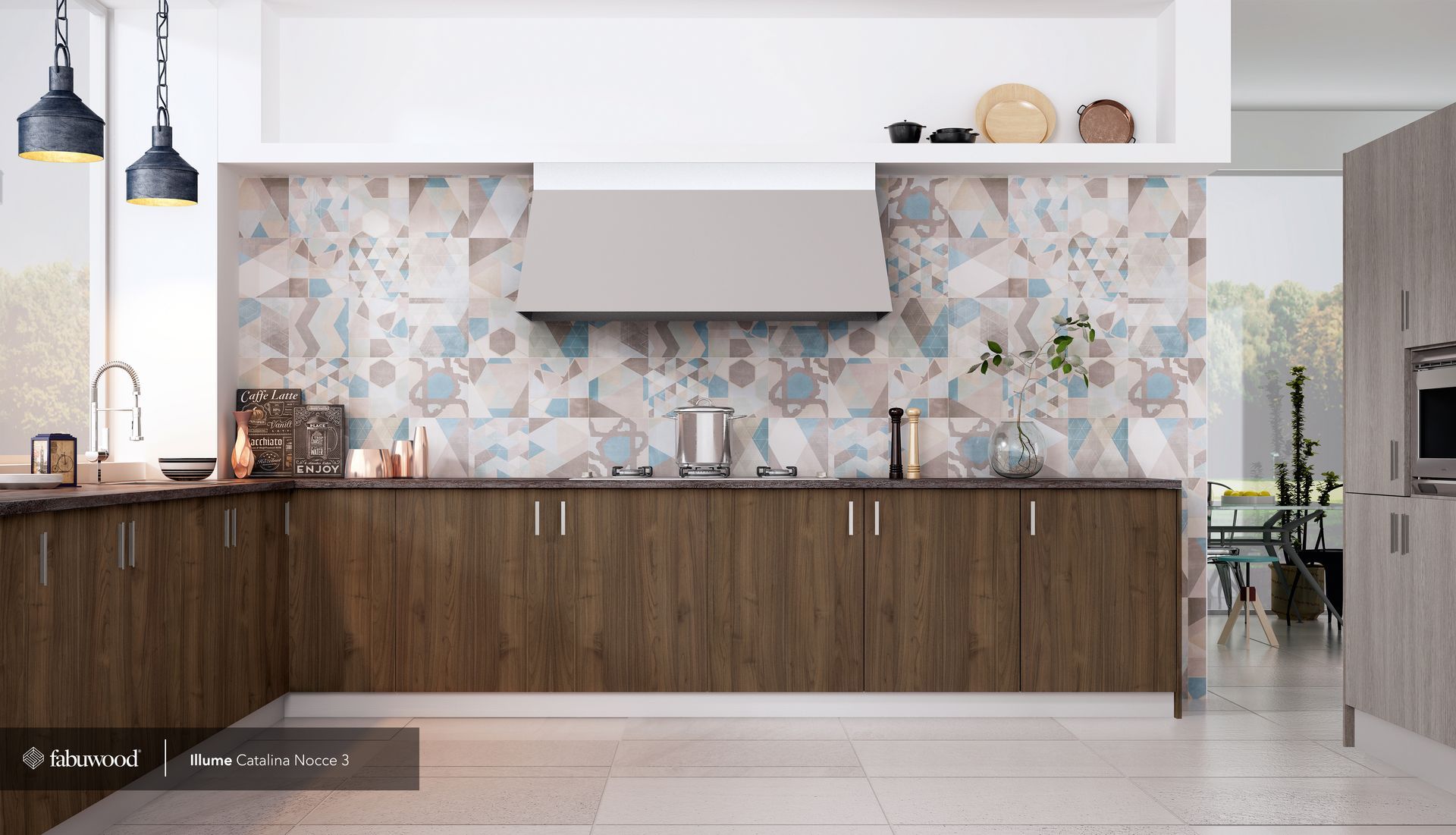 A kitchen with wooden cabinets and a stove-top oven