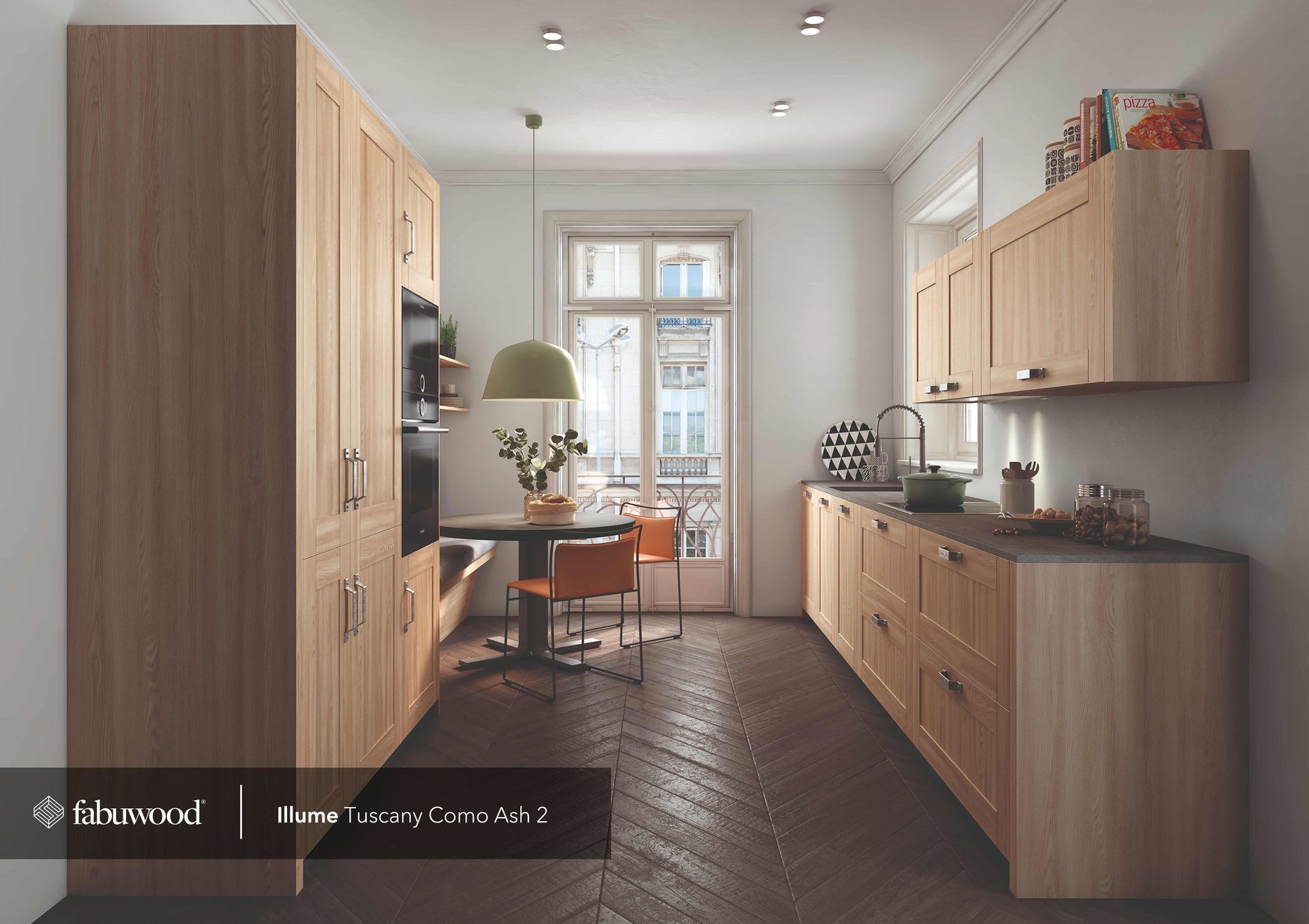 A kitchen with wooden cabinets and a table and chairs