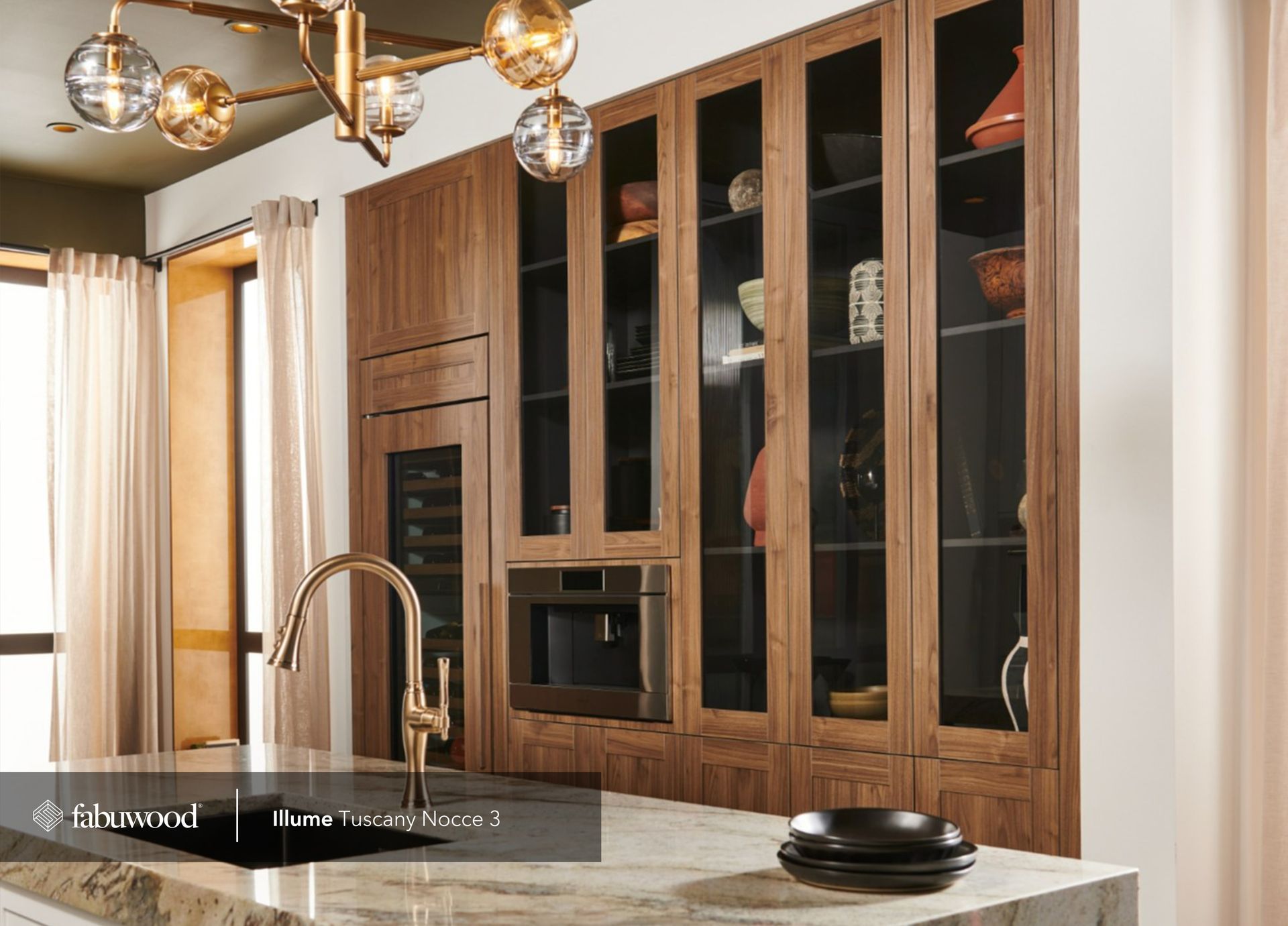 A kitchen with wooden cabinets and glass doors and a sink.