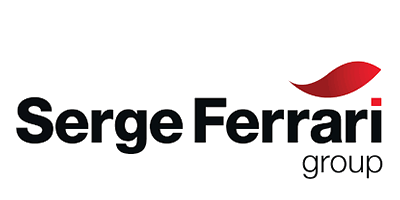 The logo for serge ferrari group has a red leaf on it.