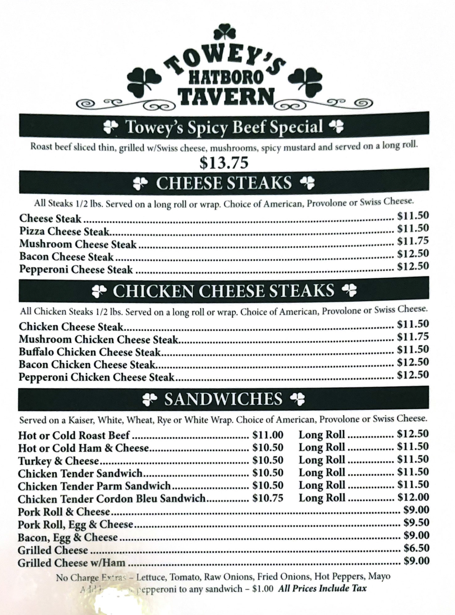 Towey's Spicy Beef Special, Cheese Steaks, & Sandwiches Menu