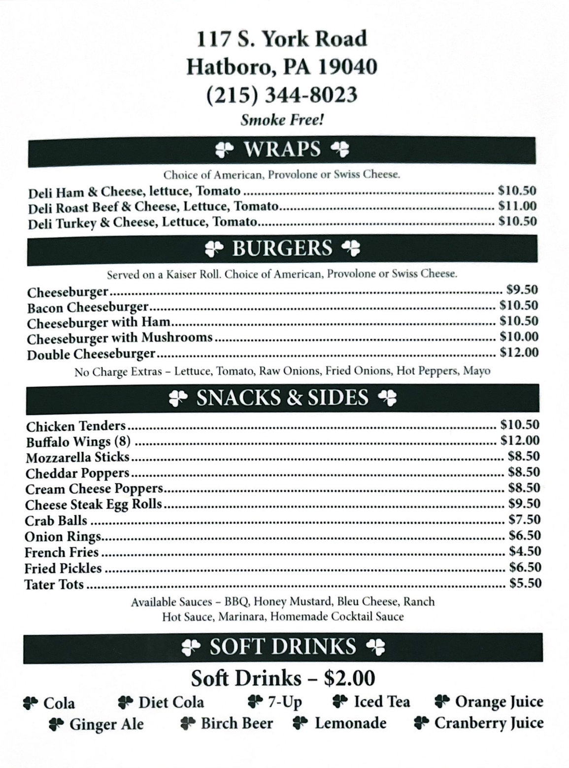 Wraps, Burgers, Snacks & Sides, & Soft Drinks Menu