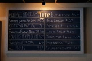 Chalkboard beer menu: various beers with percentages. Light-colored text on a dark background.