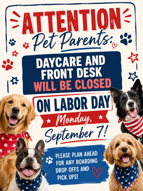 Pet daycare holiday notice with four dogs: daycare and front desk closed on Labor Day, Monday, Sept. 7.