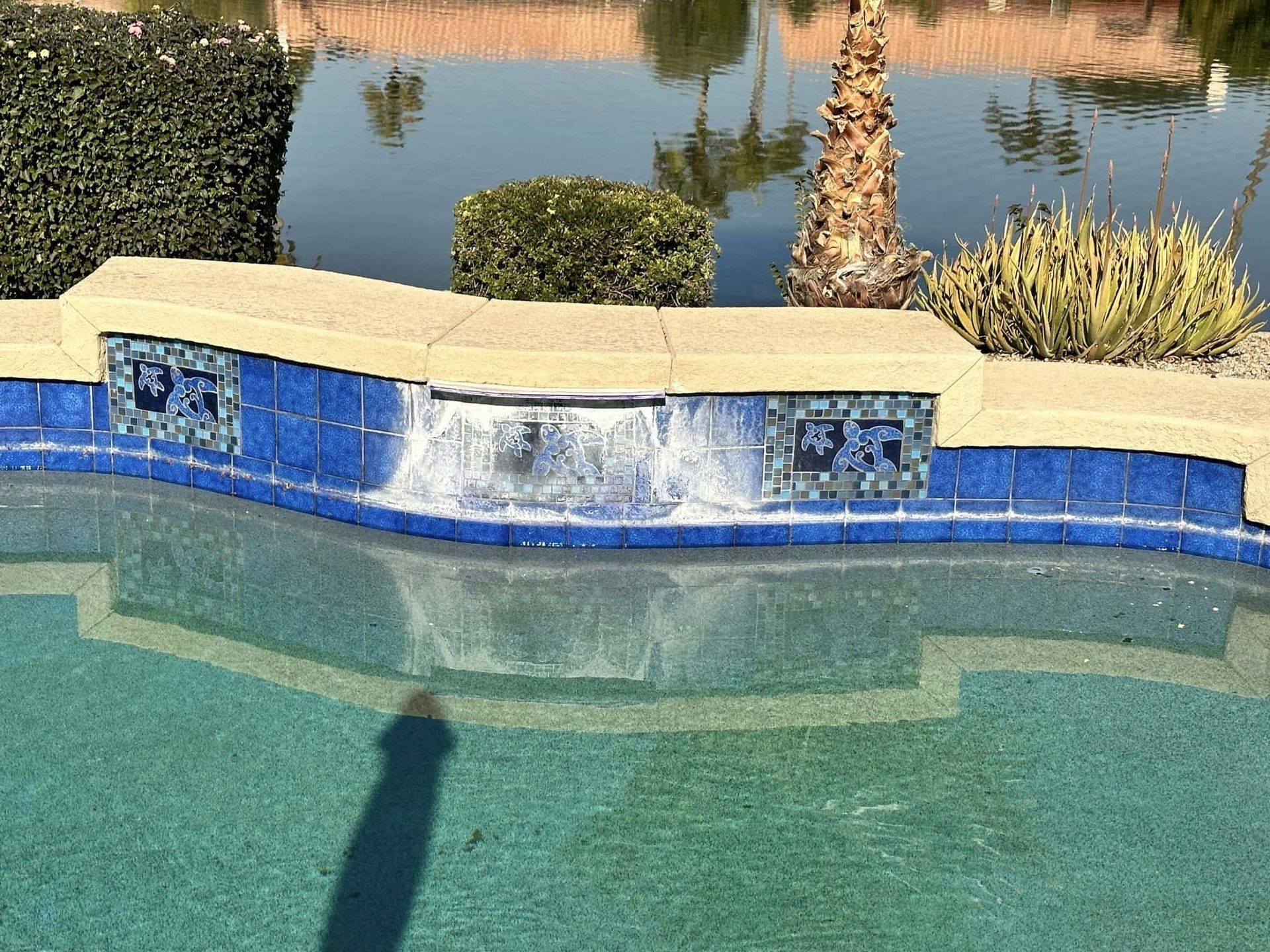 A backyard pool features a raised wall with a decorative blue tile waterfall flowing into the green water.