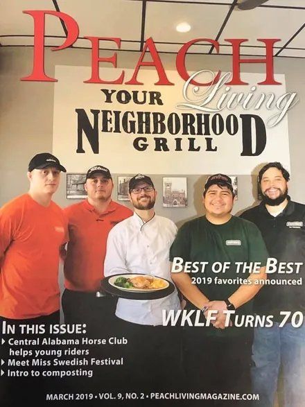 The cover of peach your neighborhood grill magazine