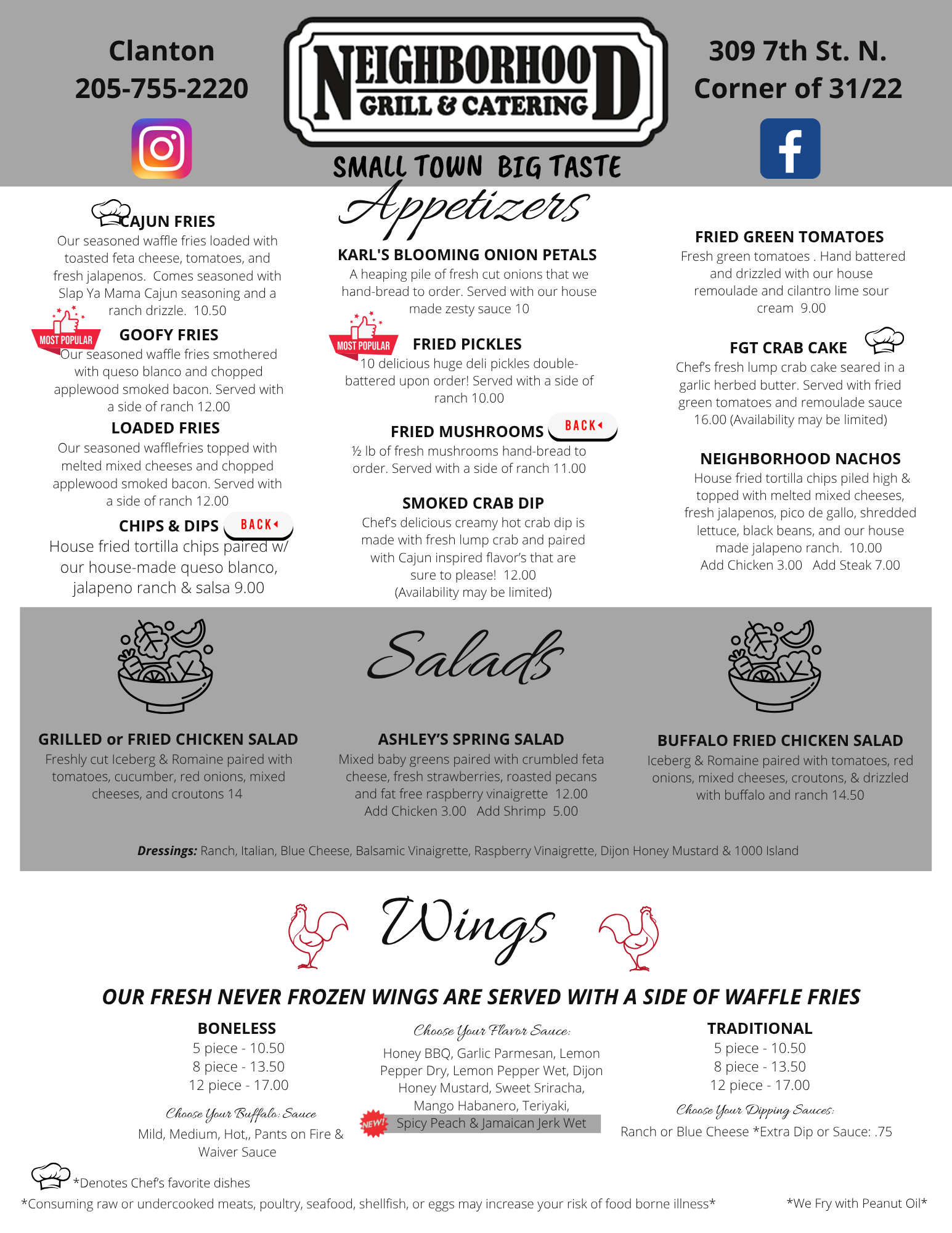 Menu for Neighborhood Grill & Catering in Clanton, listing appetizers, salads, and wings options with contact information.