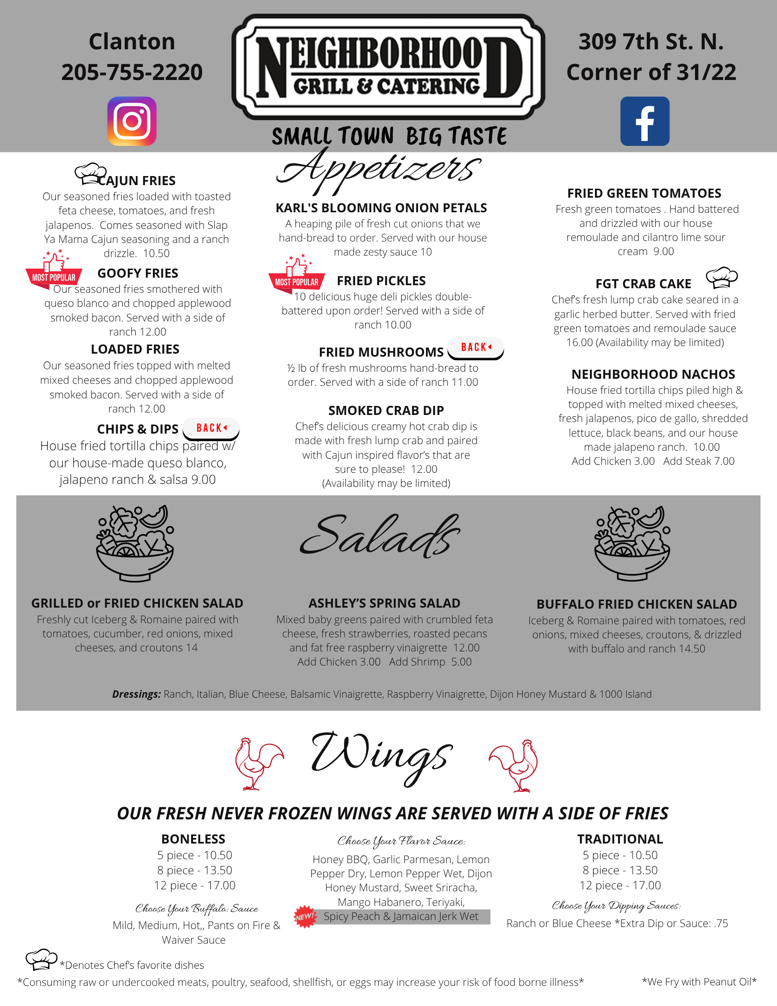 Menu for Neighborhood Grill & Catering in Clanton, listing appetizers, salads, and wings options with contact information.