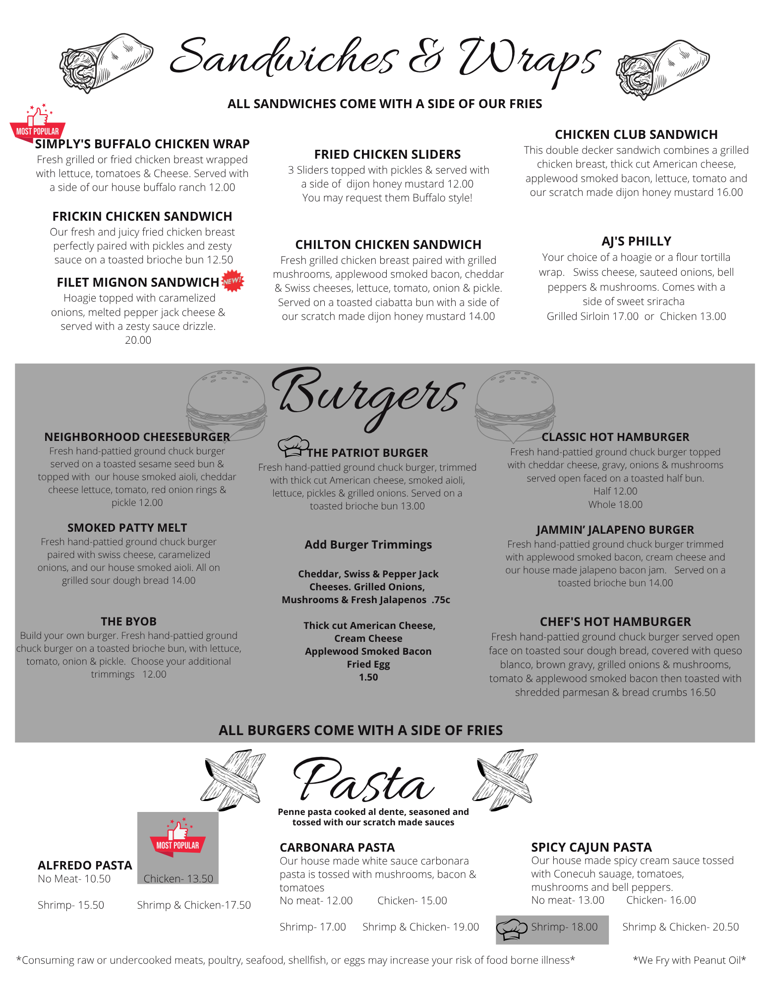 A menu titled Sandwiches & Wraps, Burgers, and Pasta, listing various meal options with sides of waffle fries.