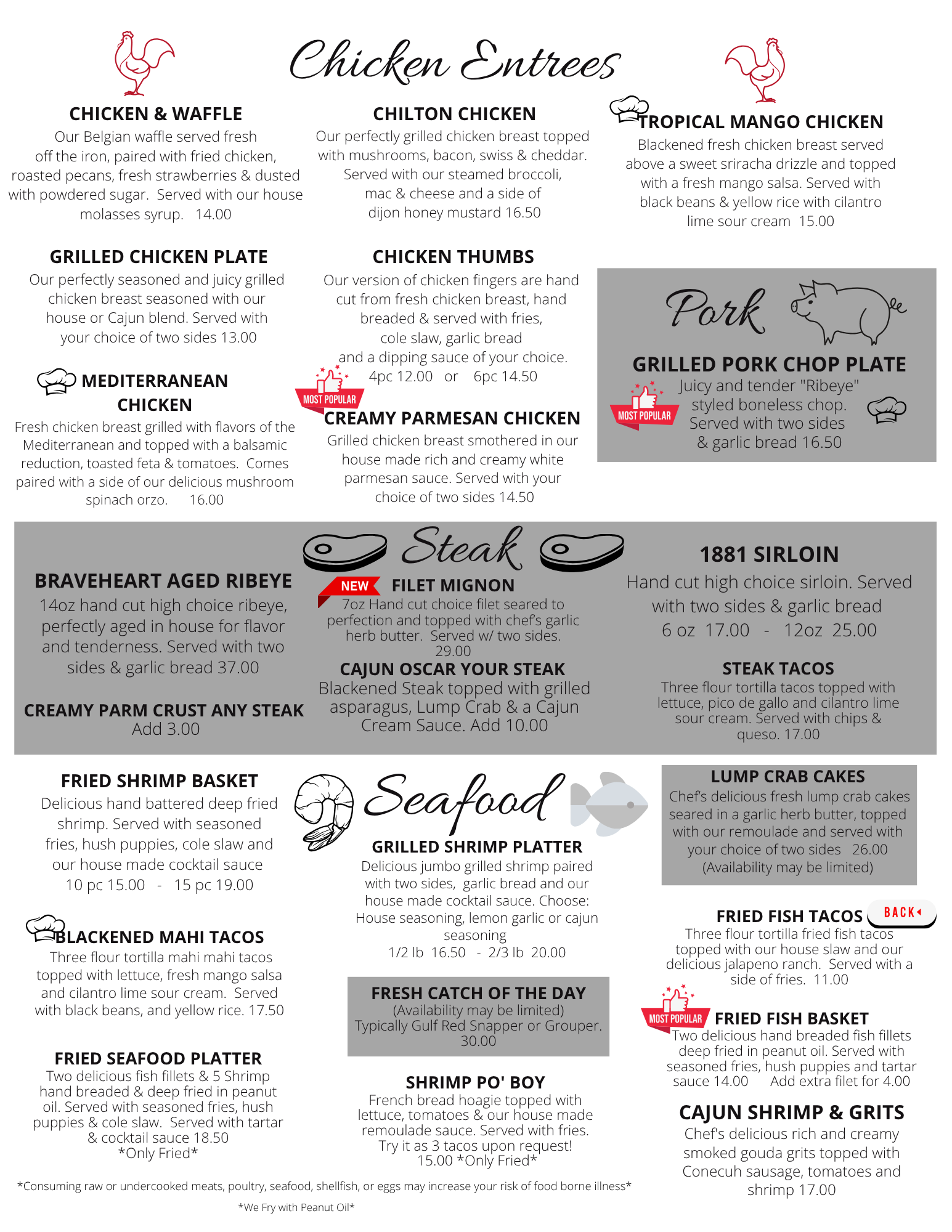 A restaurant menu featuring sections for chicken, pork, steak, and seafood entrees with prices listed for each dish.