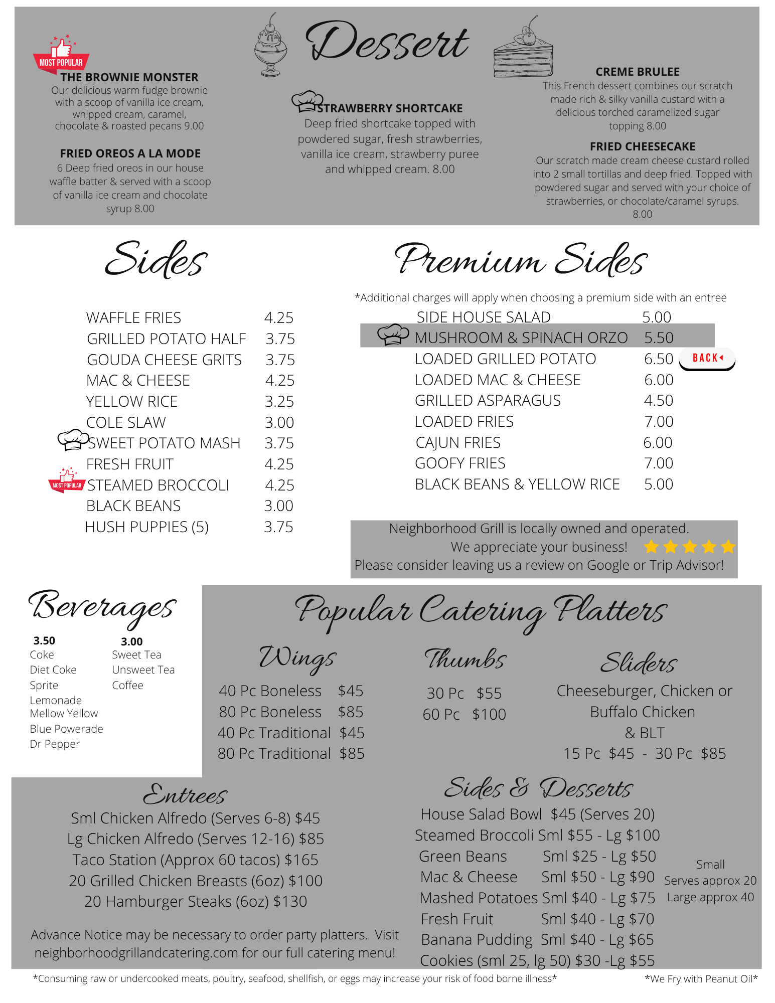 A restaurant menu featuring sections for desserts, sides, premium sides, beverages, and popular catering platters.