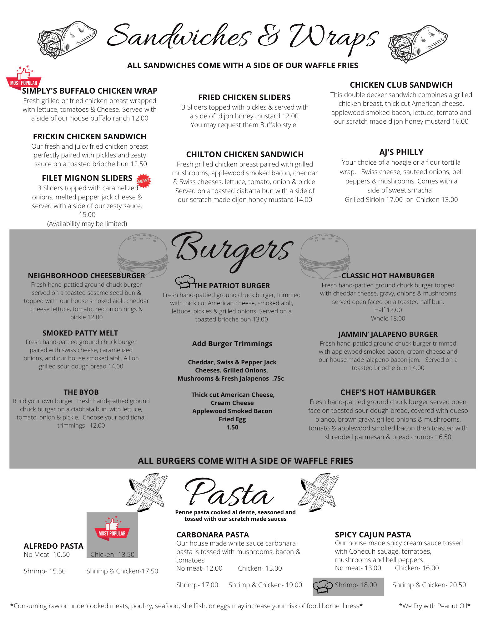 A menu titled Sandwiches & Wraps, Burgers, and Pasta, featuring food descriptions, pricing, and restaurant branding.