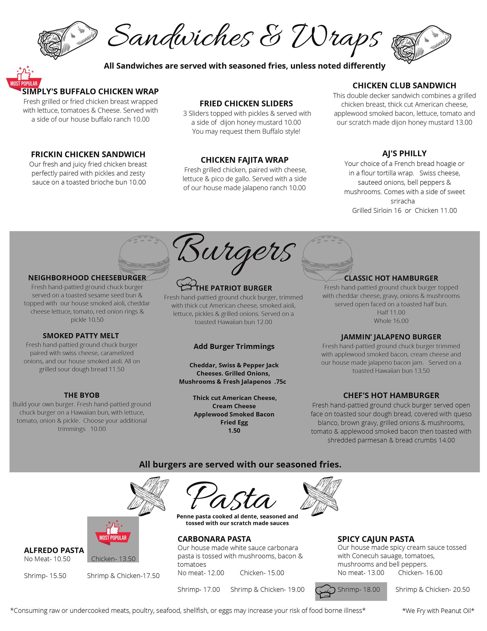 Sandwiches & Wraps, Burgers, and Pasta Menu