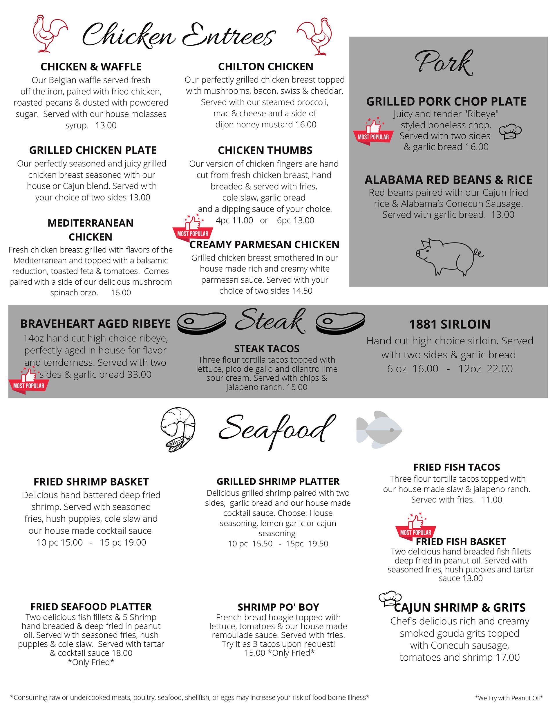 Chicken Entrees, Pork, Steak, and Seafood Menu