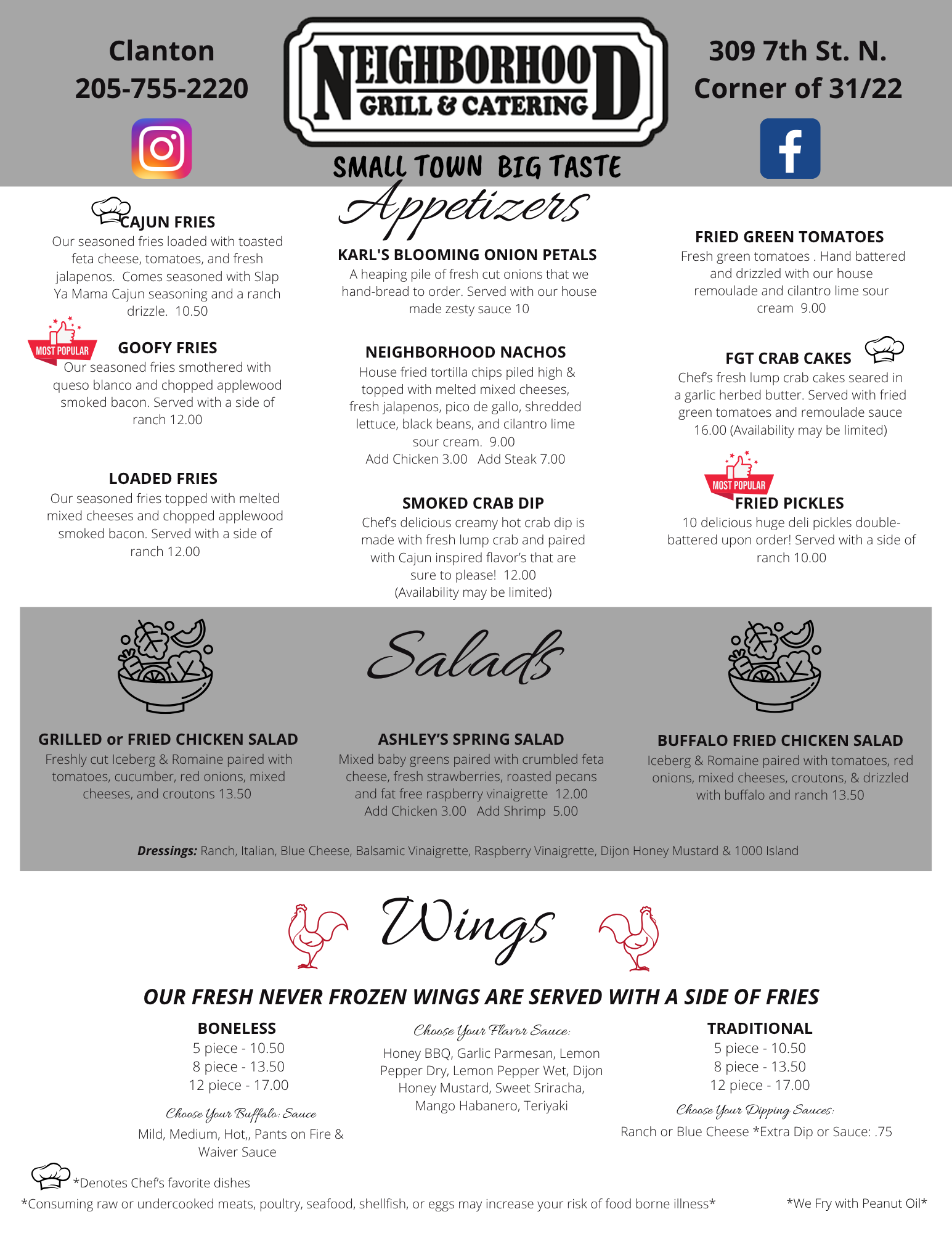 A menu for a restaurant with appetizers , salads , and wings.