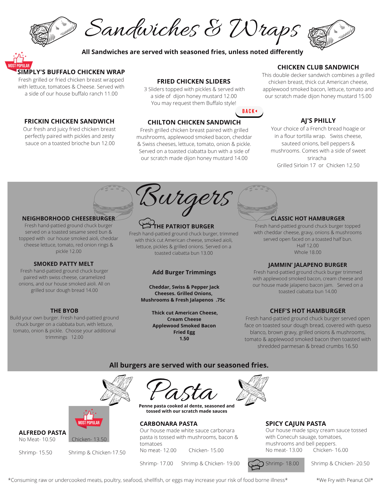 A menu for a restaurant with sandwiches , wraps , burgers and pasta.