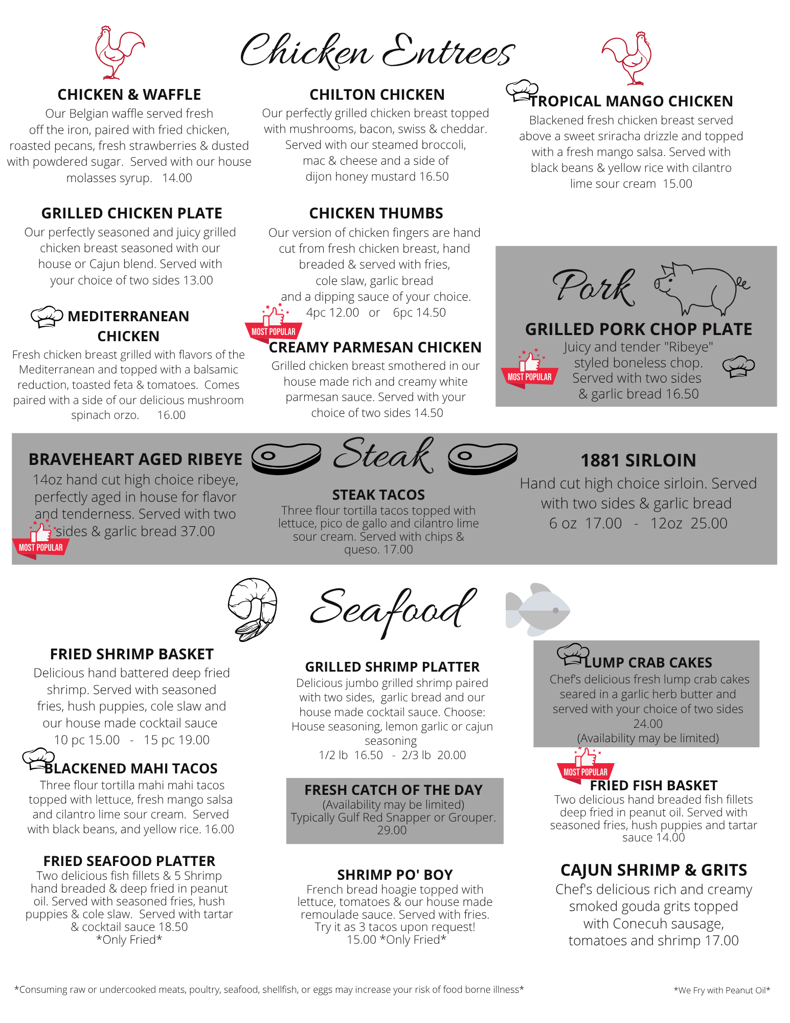 A menu for a restaurant with chicken and seafood on it.