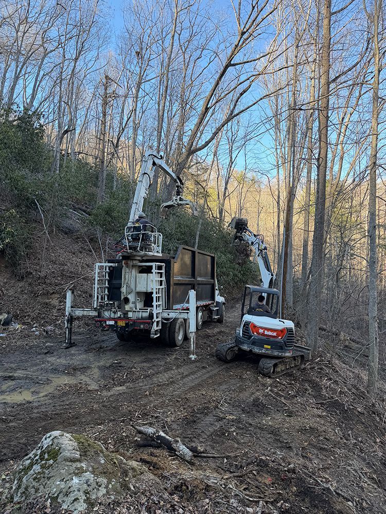 A white grapple truck and a Bobcat excavator work on a dirt path in a wooded area under a blue sky.